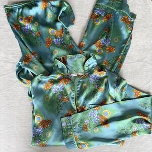 Their Nibs Silk Pajama Set Medium Green Floral Button Shirt Pants Lounge